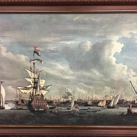 Vintage Framed Art Work Sailing Ships H71,W110cm.