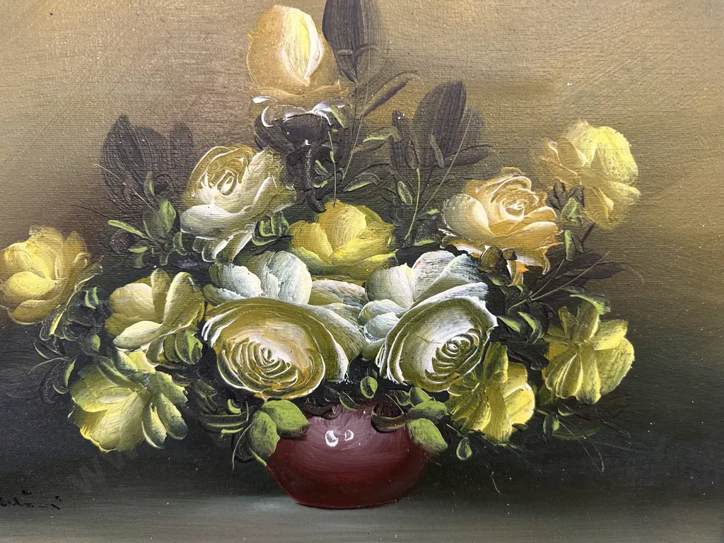 Vintage Framed Artwork Still Life Vase Of Flowers Signed H36,W47cm. Image 1++