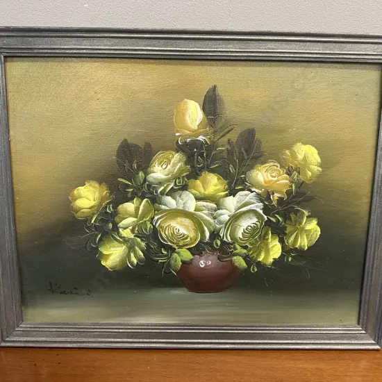 Vintage Framed Artwork Still Life Vase Of Flowers Signed H36,W47cm.