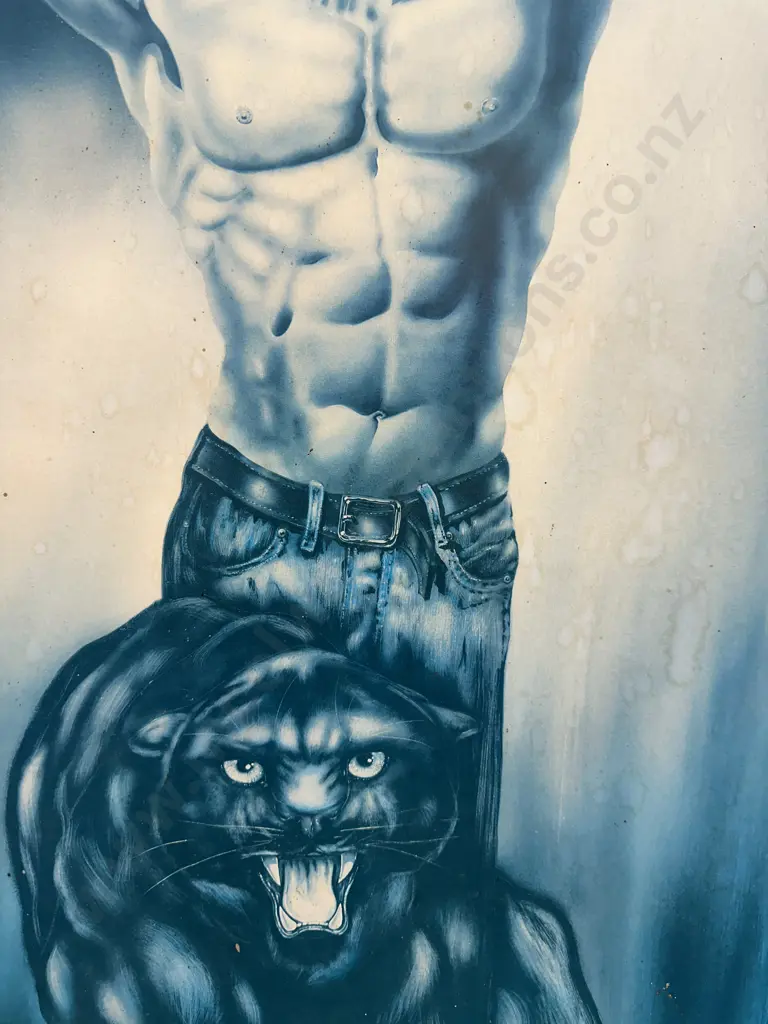Panther & Male Torso Print In Vintage Oak Frame. 96 x 65cm Image 1++