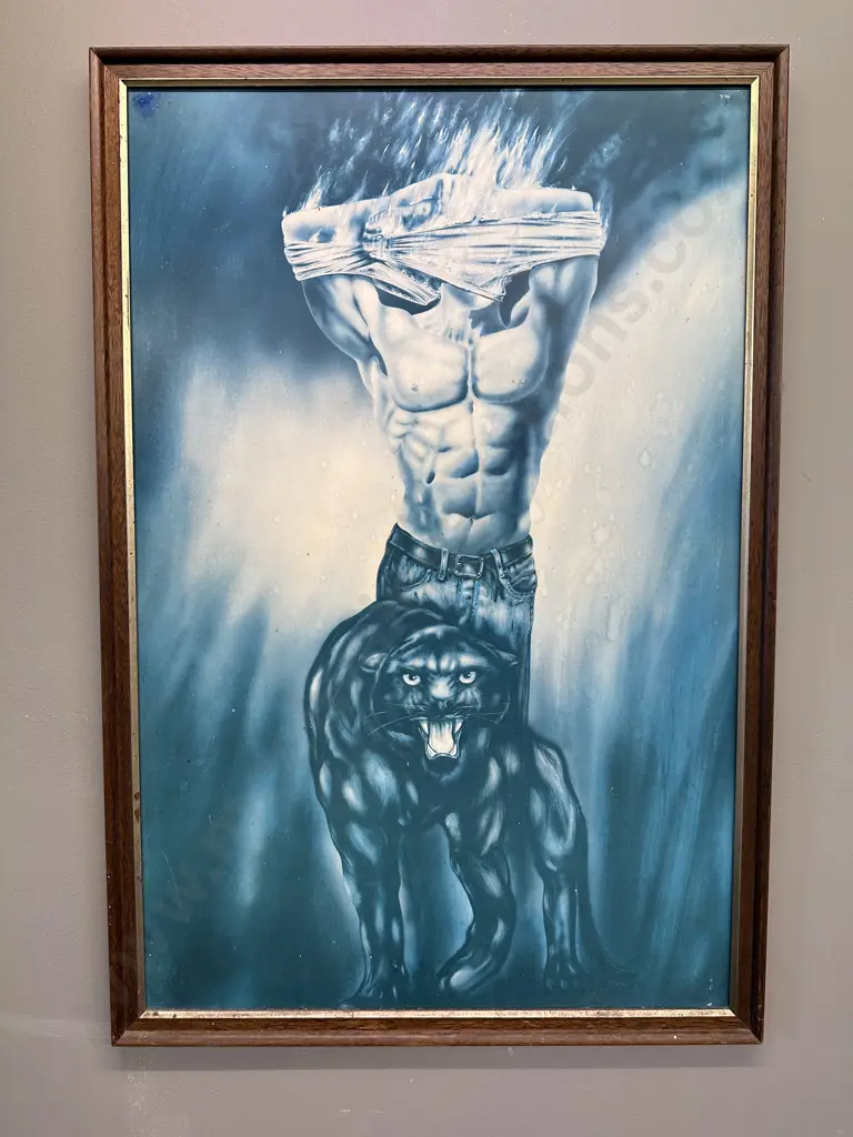Panther & Male Torso Print In Vintage Oak Frame. 96 x 65cm Image 1++