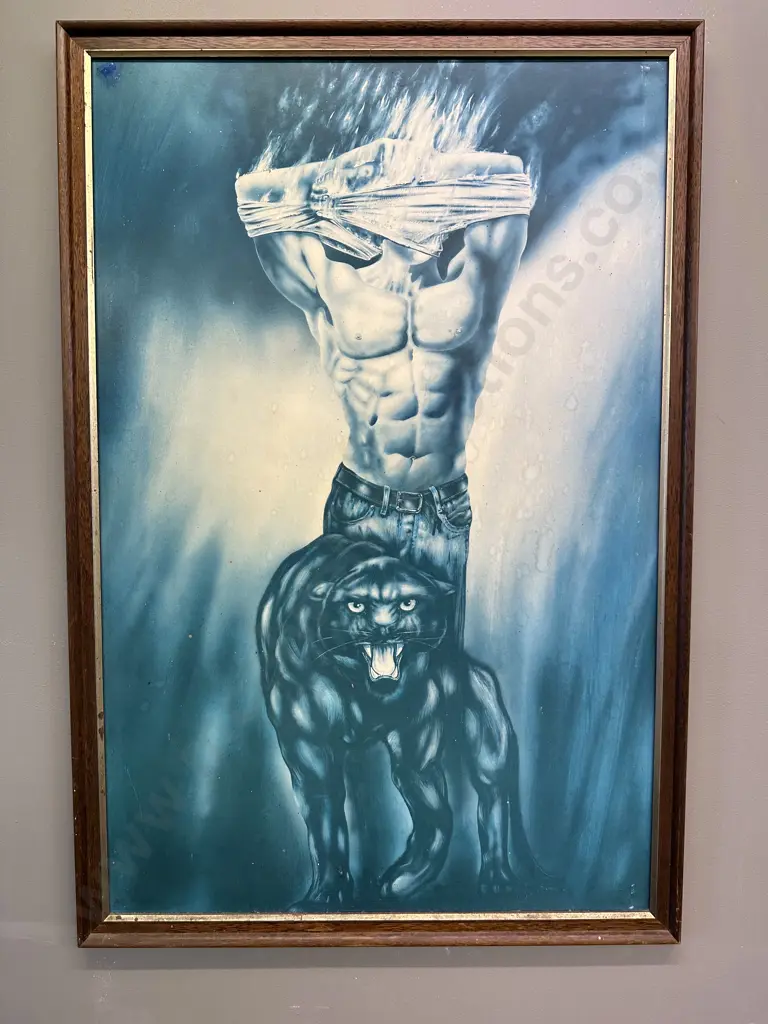 Panther & Male Torso Print In Vintage Oak Frame. 96 x 65cm Image 1++