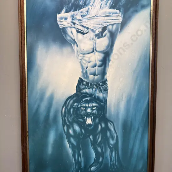 Panther & Male Torso Print In Vintage Oak Frame. 96 x 65cm