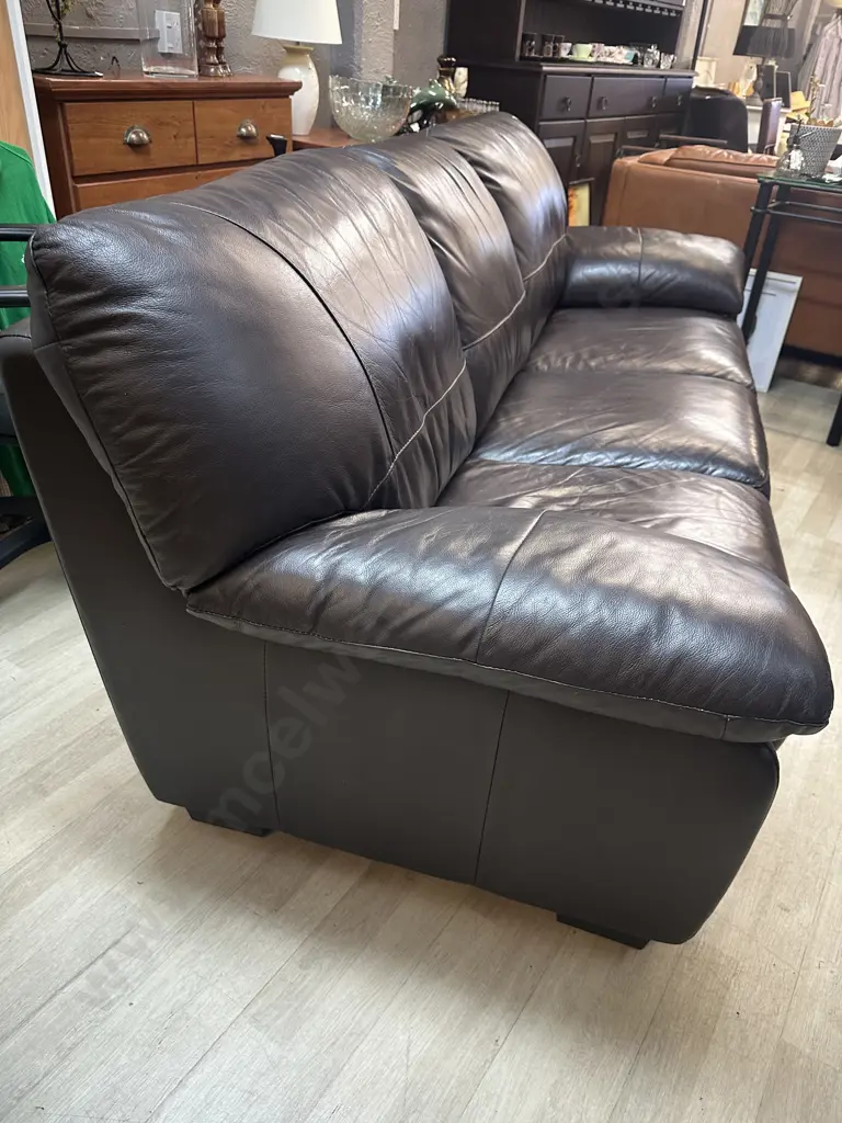 Chocolate Brown Leather 3 Seater Sofa With Black Feet. H89 W210 D90cm Image 1++