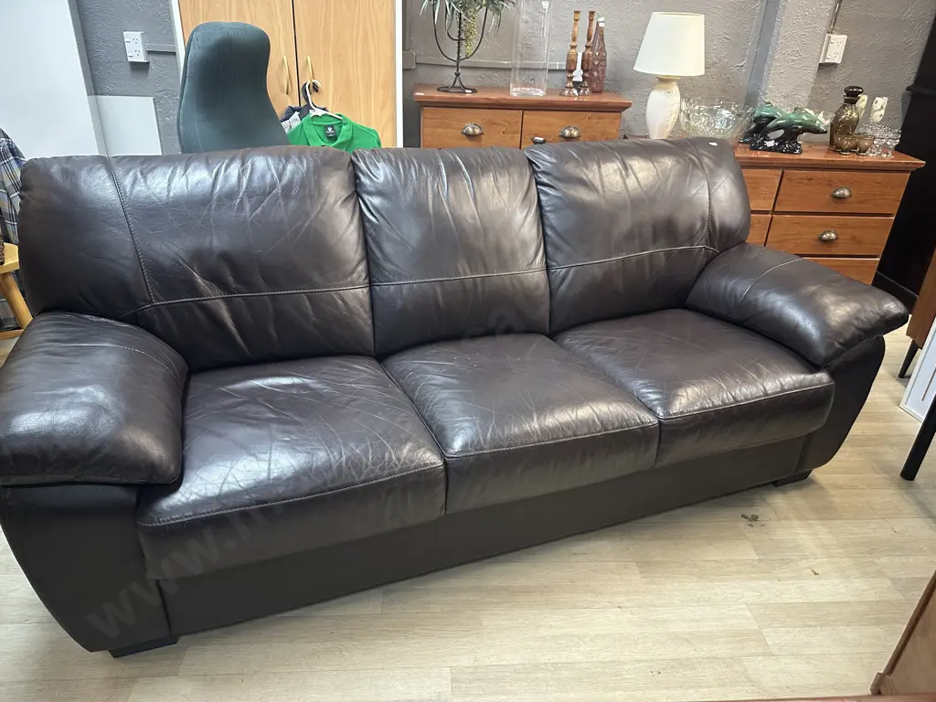 Chocolate Brown Leather 3 Seater Sofa With Black Feet. H89 W210 D90cm Image 1++
