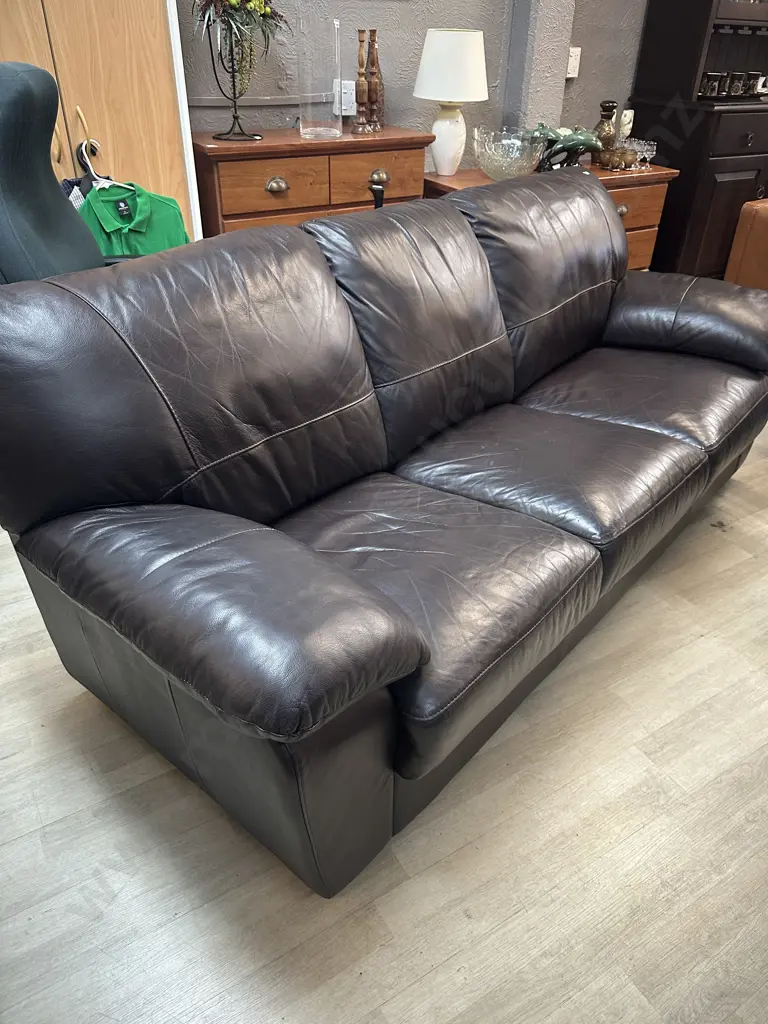 Chocolate Brown Leather 3 Seater Sofa With Black Feet. H89 W210 D90cm Image 1++
