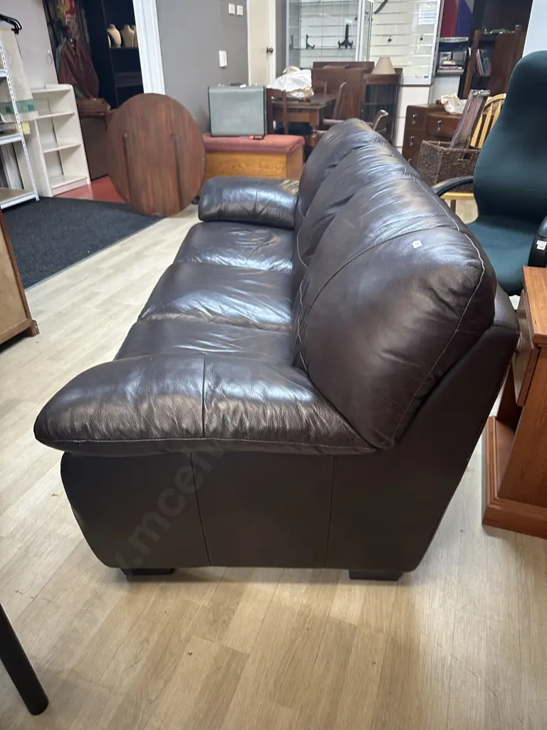 Chocolate Brown Leather 3 Seater Sofa With Black Feet. H89 W210 D90cm Image 1++