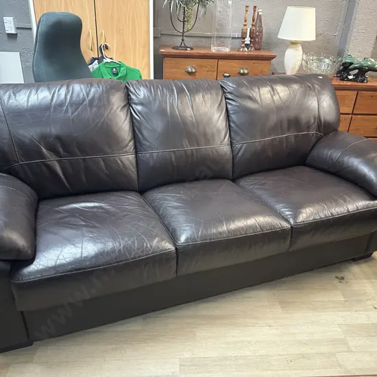Chocolate Brown Leather 3 Seater Sofa With Black Feet. H89 W210 D90cm