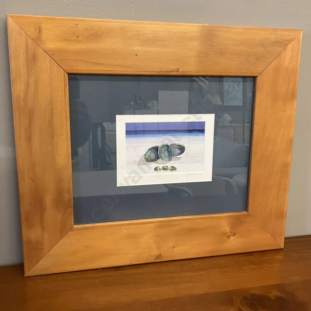 Paua Mixed Media Artwork Titled 'Trio' Signed J Mahoney In Stunning NZ Virgin Kauri Frame. 45 x 52cm Image 1++