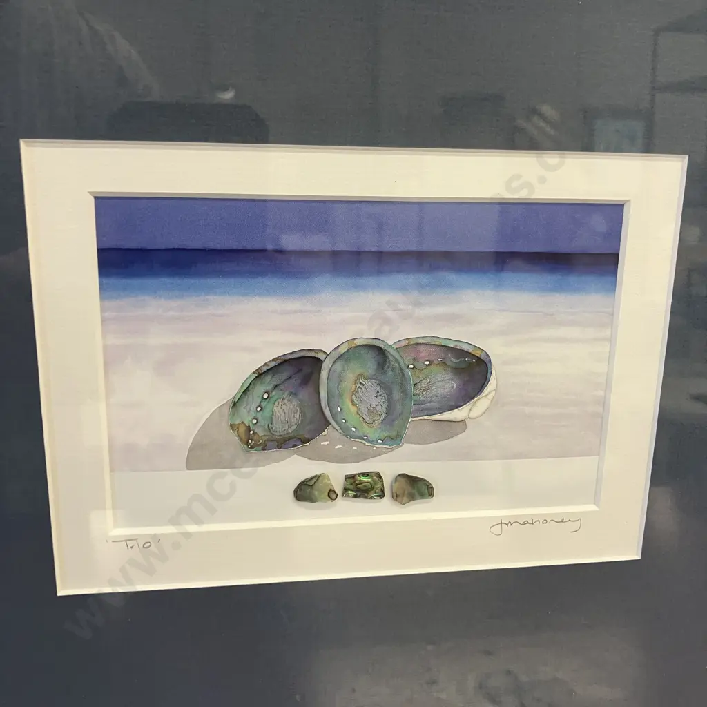 Paua Mixed Media Artwork Titled 'Trio' Signed J Mahoney In Stunning NZ Virgin Kauri Frame. 45 x 52cm Image 1++