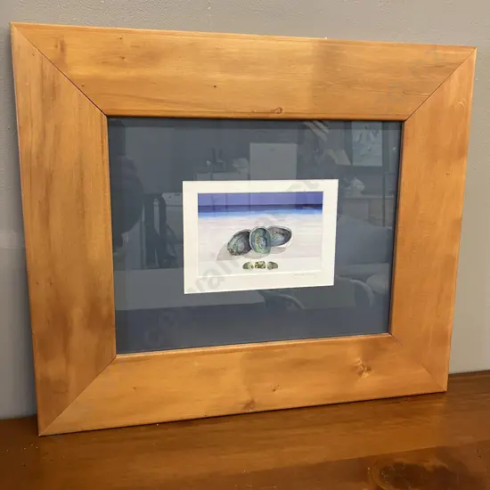 Paua Mixed Media Artwork Titled 'Trio' Signed J Mahoney In Stunning NZ Virgin Kauri Frame. 45 x 52cm