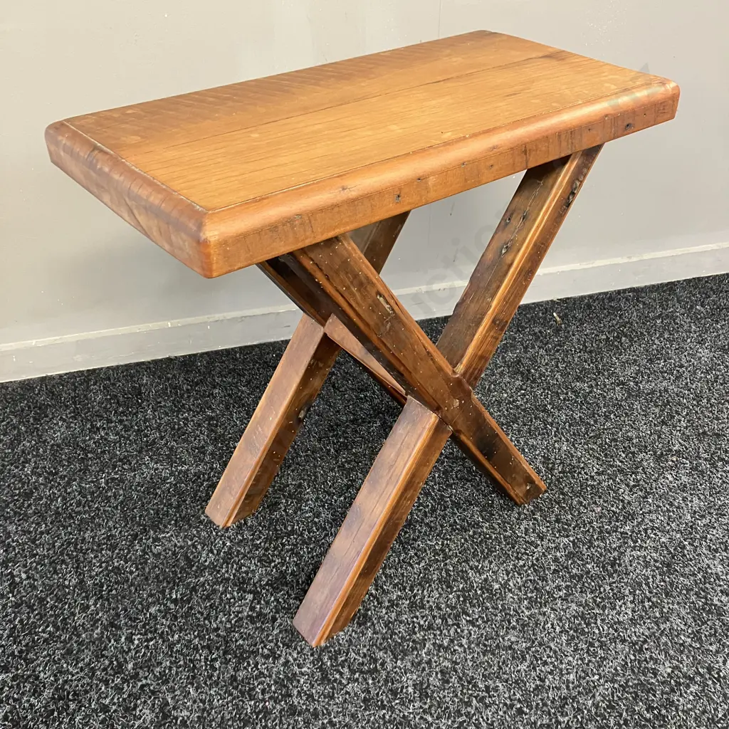 'Home Sweet Home' Macrocarpa X Leg Side table. H52 W55 D28cm Image 1++