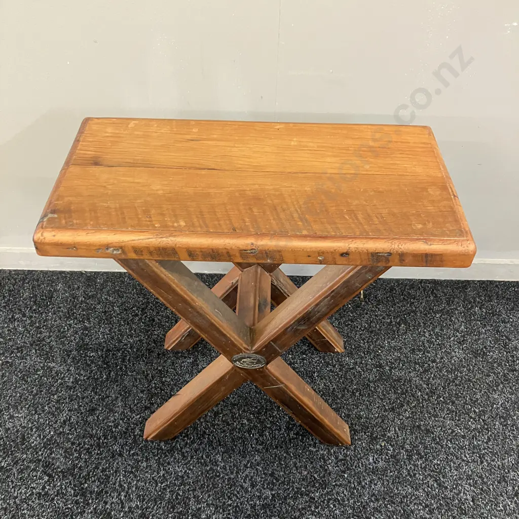'Home Sweet Home' Macrocarpa X Leg Side table. H52 W55 D28cm Image 1++