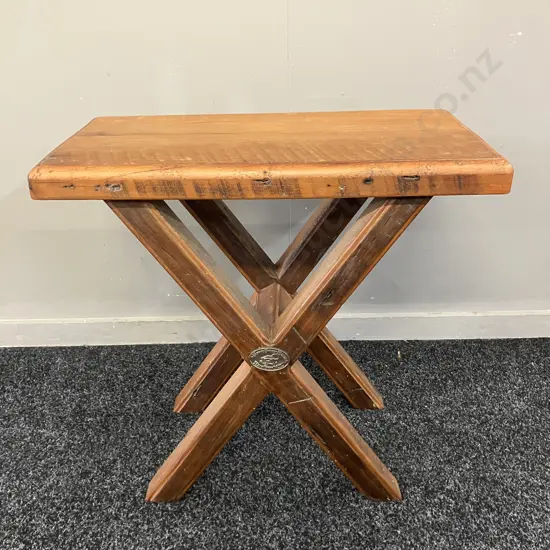 'Home Sweet Home' Macrocarpa X Leg Side table. H52 W55 D28cm