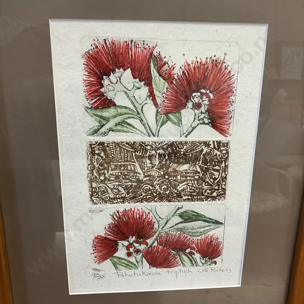 'Pohutukawa triptych' Print on Handmade Paper, 93/100 Jill Roche 03, Framed. 52 x 45cm Image 1++