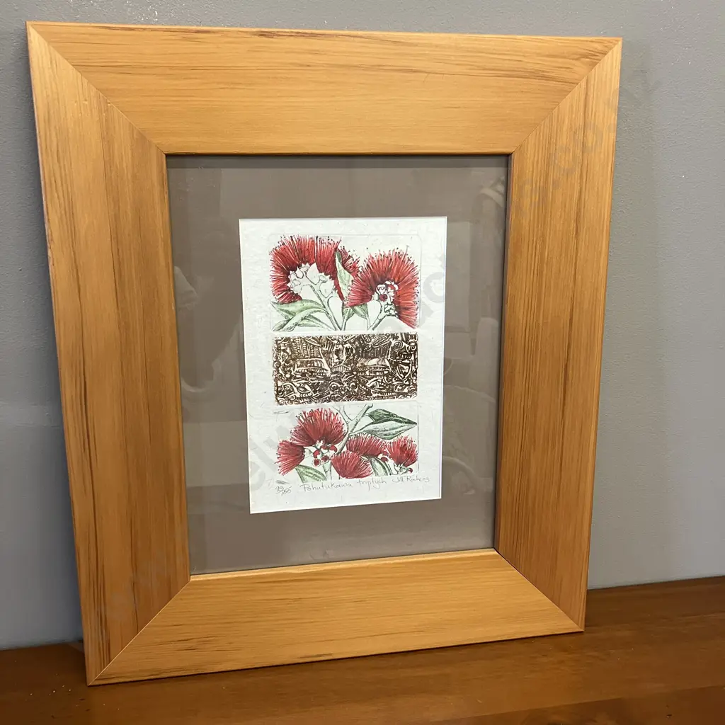 'Pohutukawa triptych' Print on Handmade Paper, 93/100 Jill Roche 03, Framed. 52 x 45cm Image 1++
