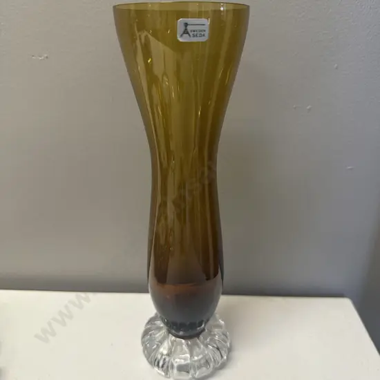 Mid Century Flared Brown Bud Vase Clear Footed H23cm.