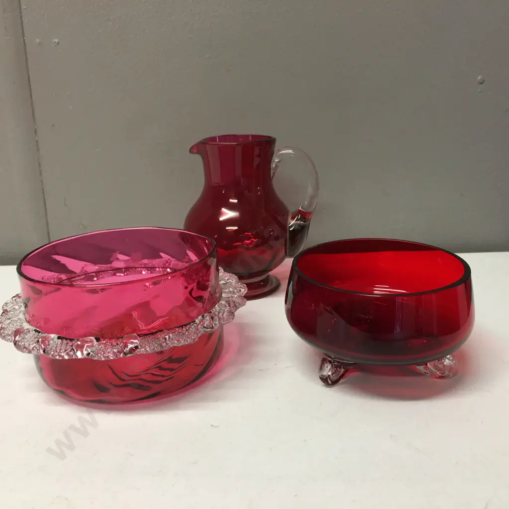 Antique Victorian Cranberry Glass Bowls & Jug Image 1++