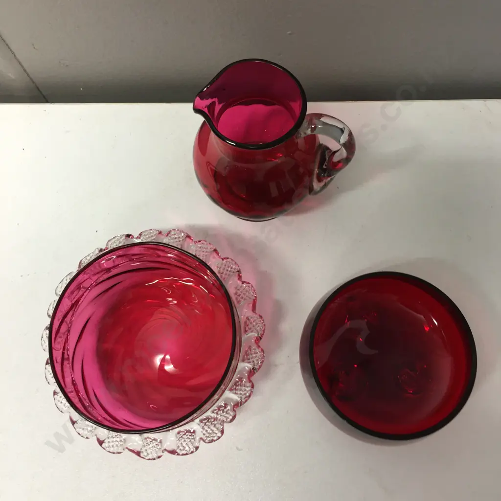 Antique Victorian Cranberry Glass Bowls & Jug Image 1++