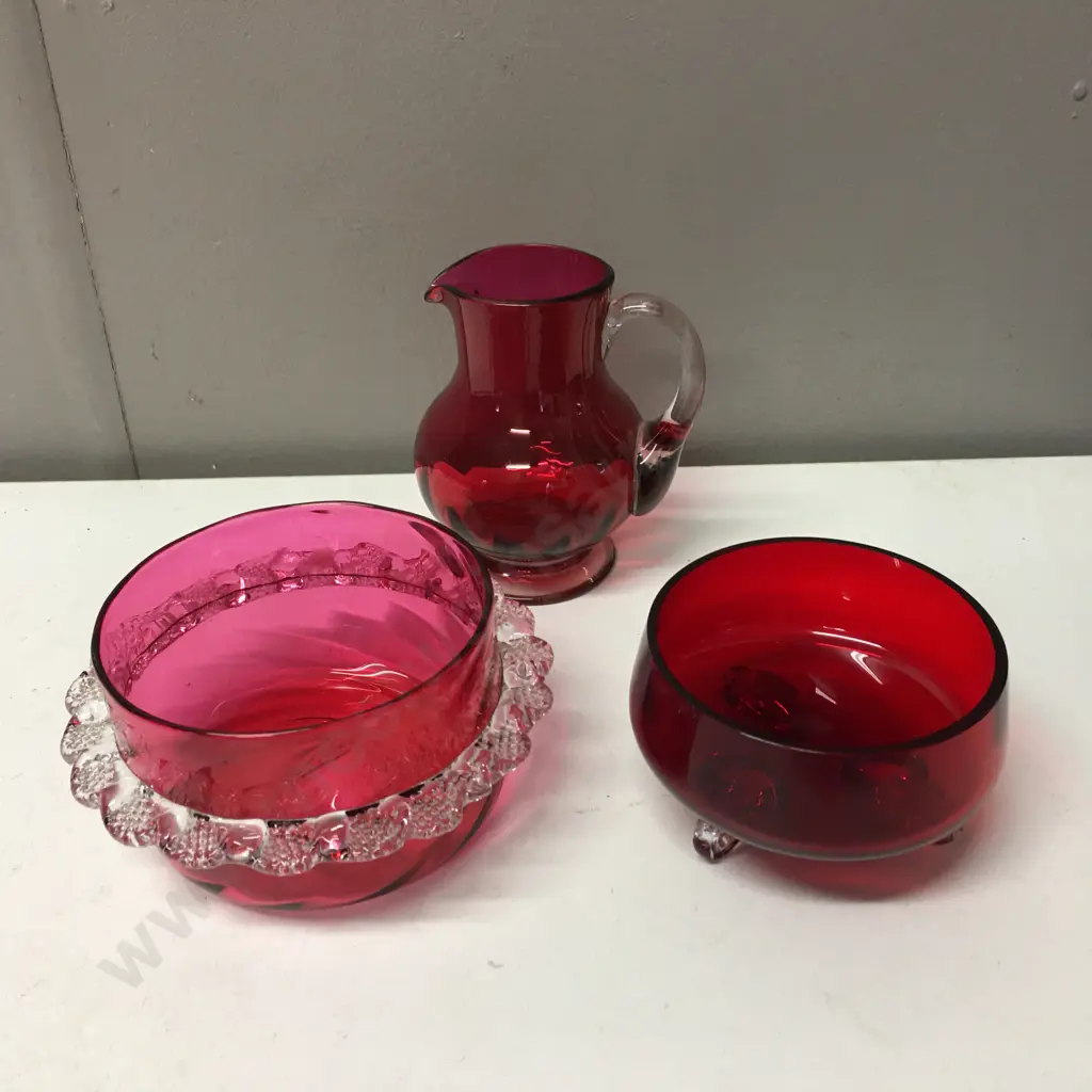 Antique Victorian Cranberry Glass Bowls & Jug Image 1++