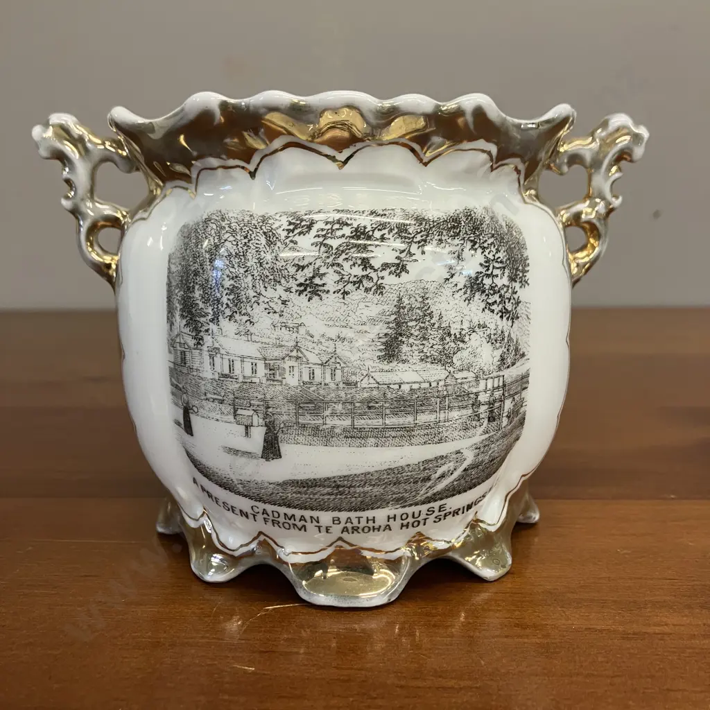 Rare Antique Cadman Bath House Te Aroha New Zealand Souvenir Urn. 10 x 15cm Image 1++