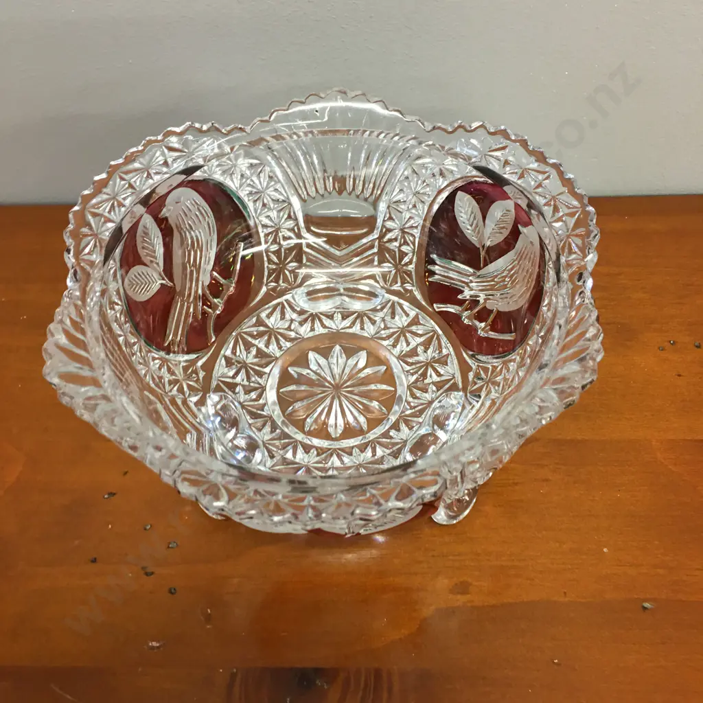 Vintage Cranberry & Clear Glass Tri Footed Bowl With Bird Detail. 10 x 19cm Image 1++
