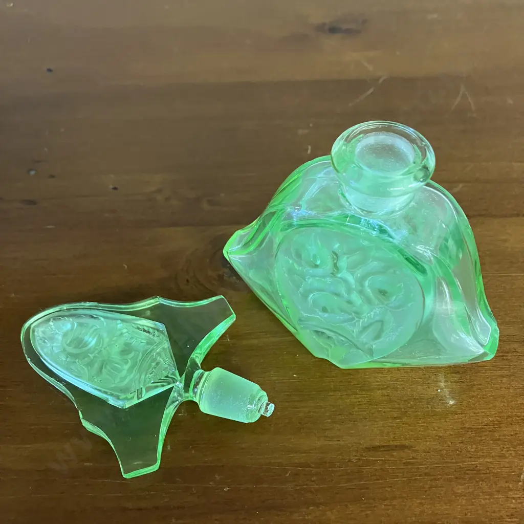 Art Deco Uranium Glass Perfume Bottle. H14.5cm (As Found Condition) Image 1++