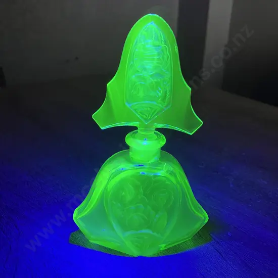 Art Deco Uranium Glass Perfume Bottle. H14.5cm (As Found Condition)