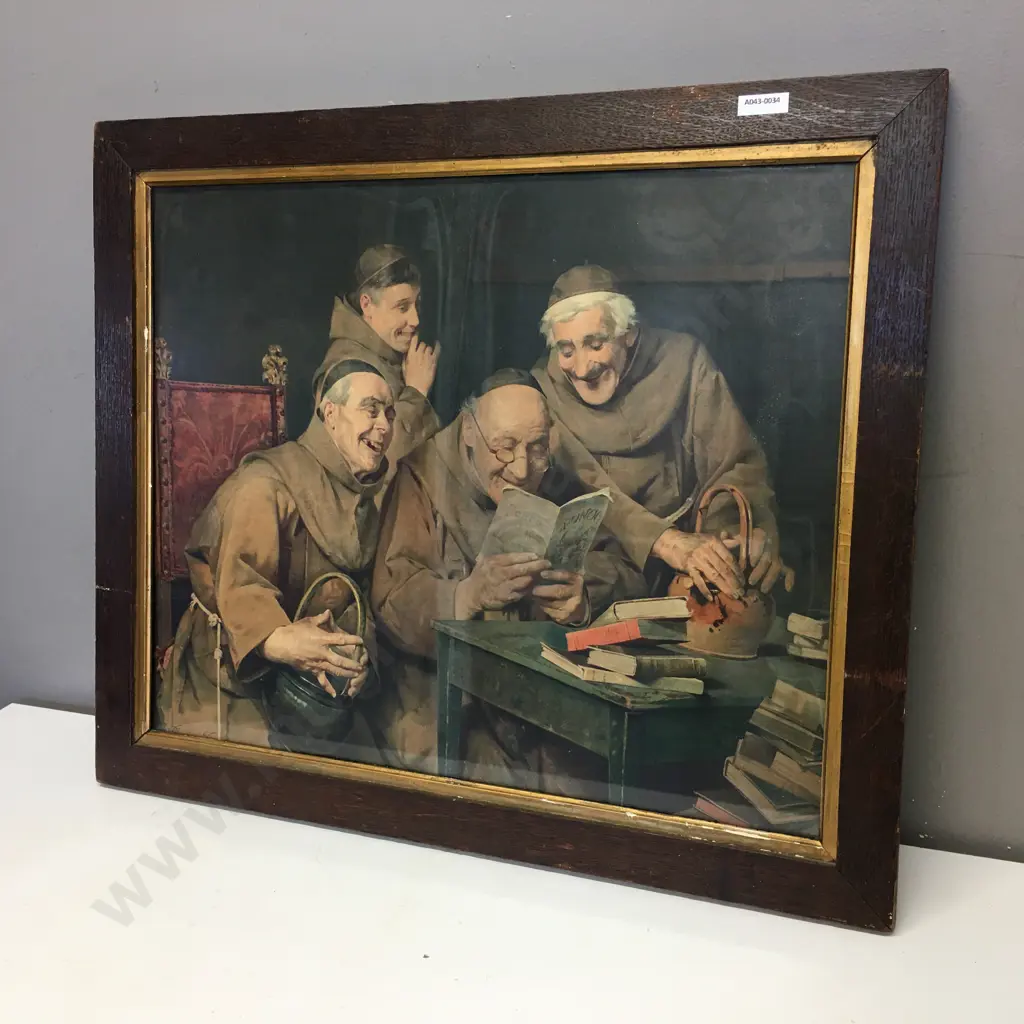 Monks Sharing A Joke Vintage Print In Oak Frame. 54 x 63cm Image 1++