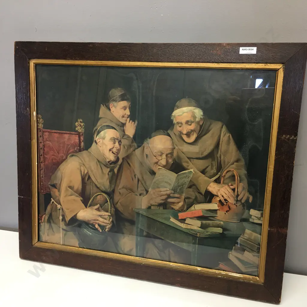 Monks Sharing A Joke Vintage Print In Oak Frame. 54 x 63cm Image 1++