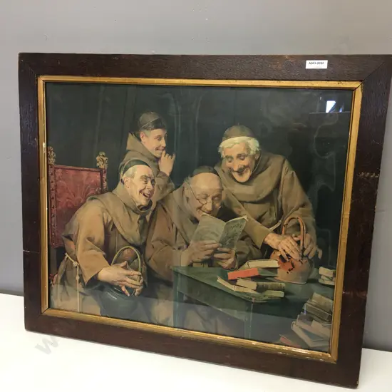 Monks Sharing A Joke Vintage Print In Oak Frame. 54 x 63cm