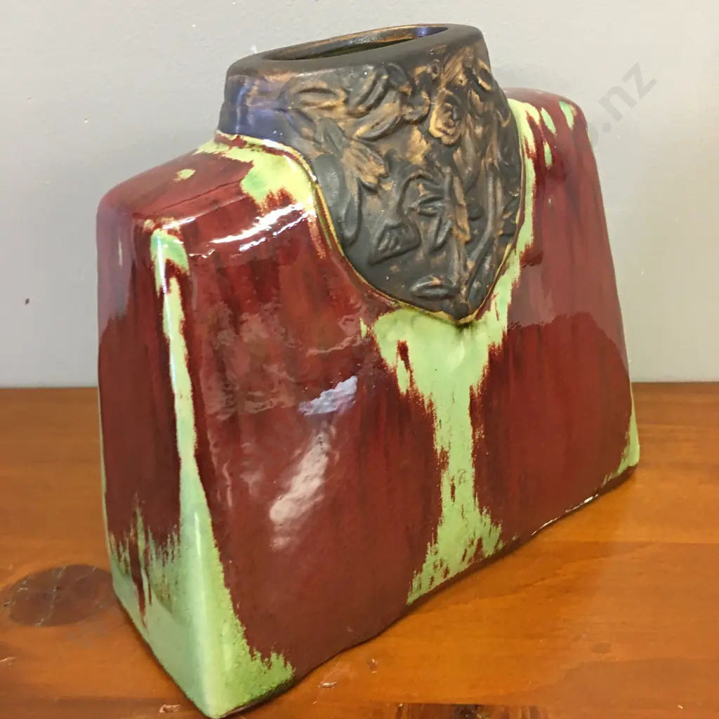 Maroon & Green Tapered Ceramic Vase. 24 x 26cm Image 1++