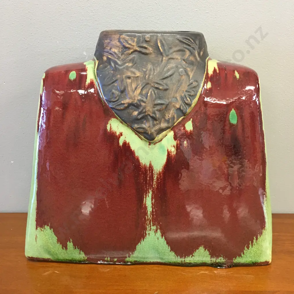 Maroon & Green Tapered Ceramic Vase. 24 x 26cm Image 1++