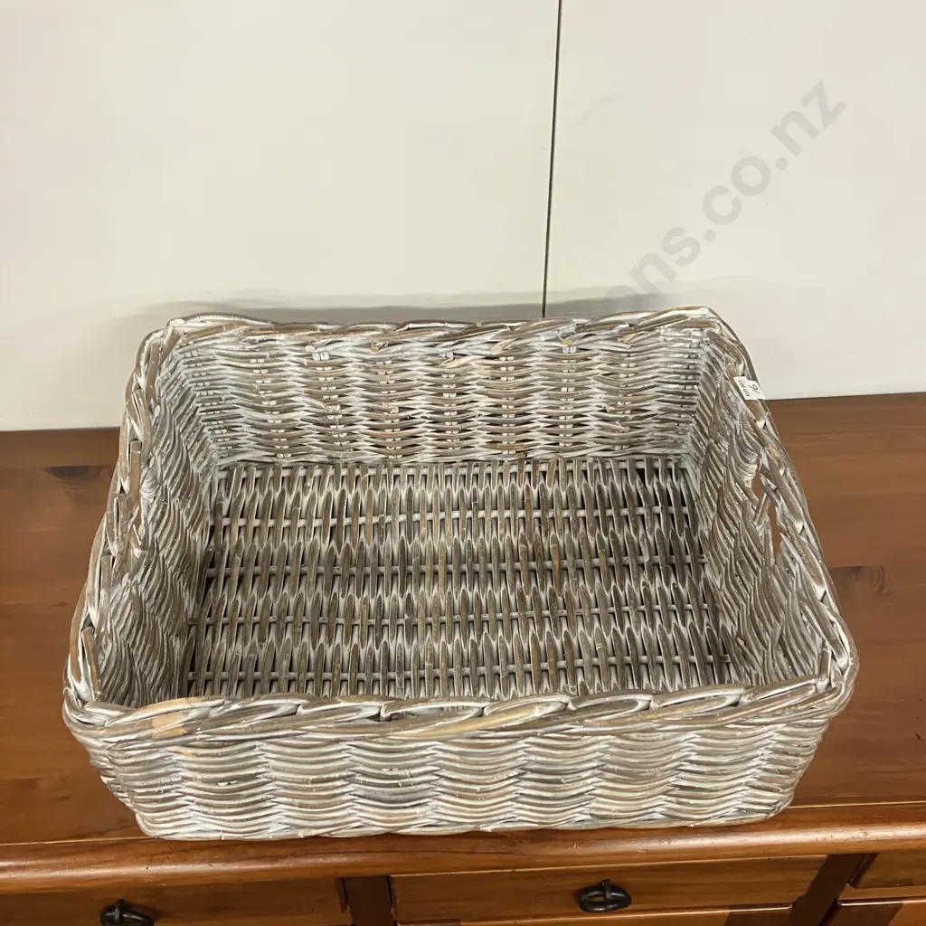 White Wash Rectangular Cane Basket / Tray. H20 W57 D44.5cm Image 1++
