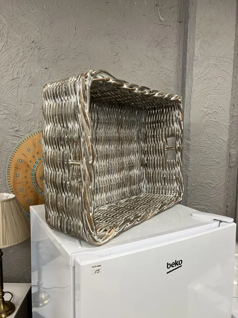 White Wash Rectangular Cane Basket / Tray. H20 W57 D44.5cm Image 1++