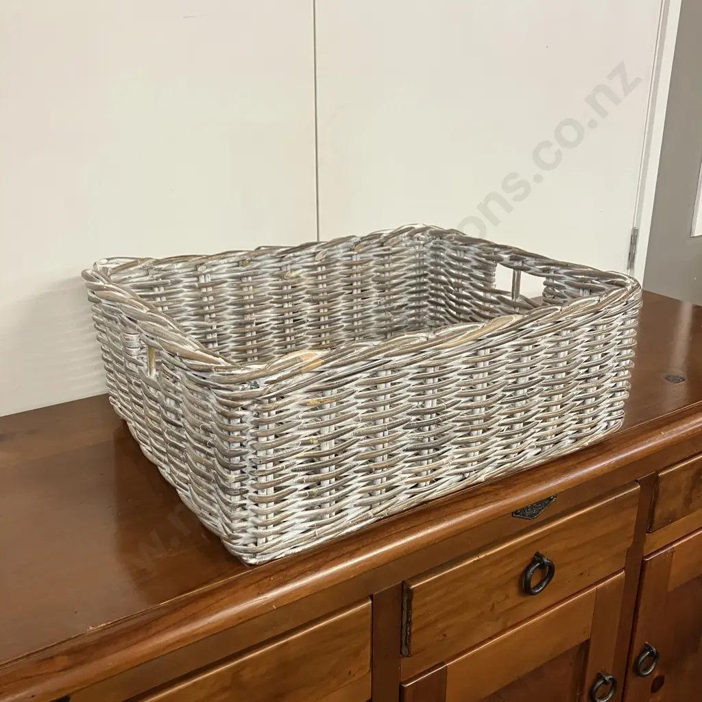 White Wash Rectangular Cane Basket / Tray. H20 W57 D44.5cm Image 1++