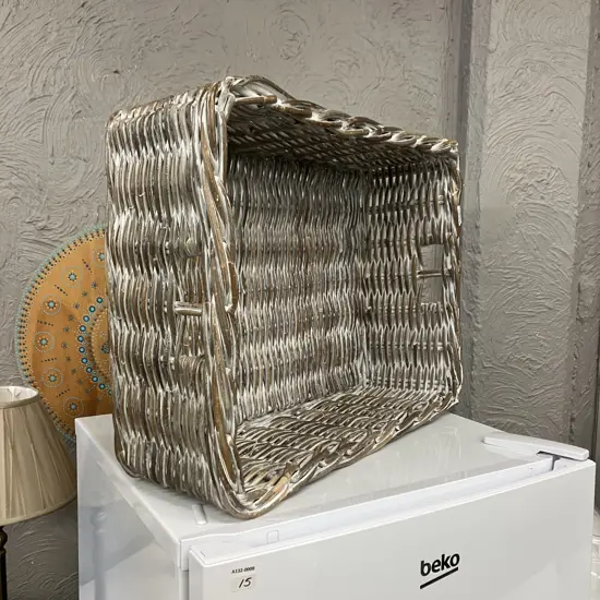 White Wash Rectangular Cane Basket / Tray. H20 W57 D44.5cm