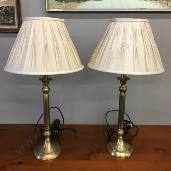 Pair of Laura Ashley Table Lamps, Brass Base With Cream Pleated Shades. H58cm