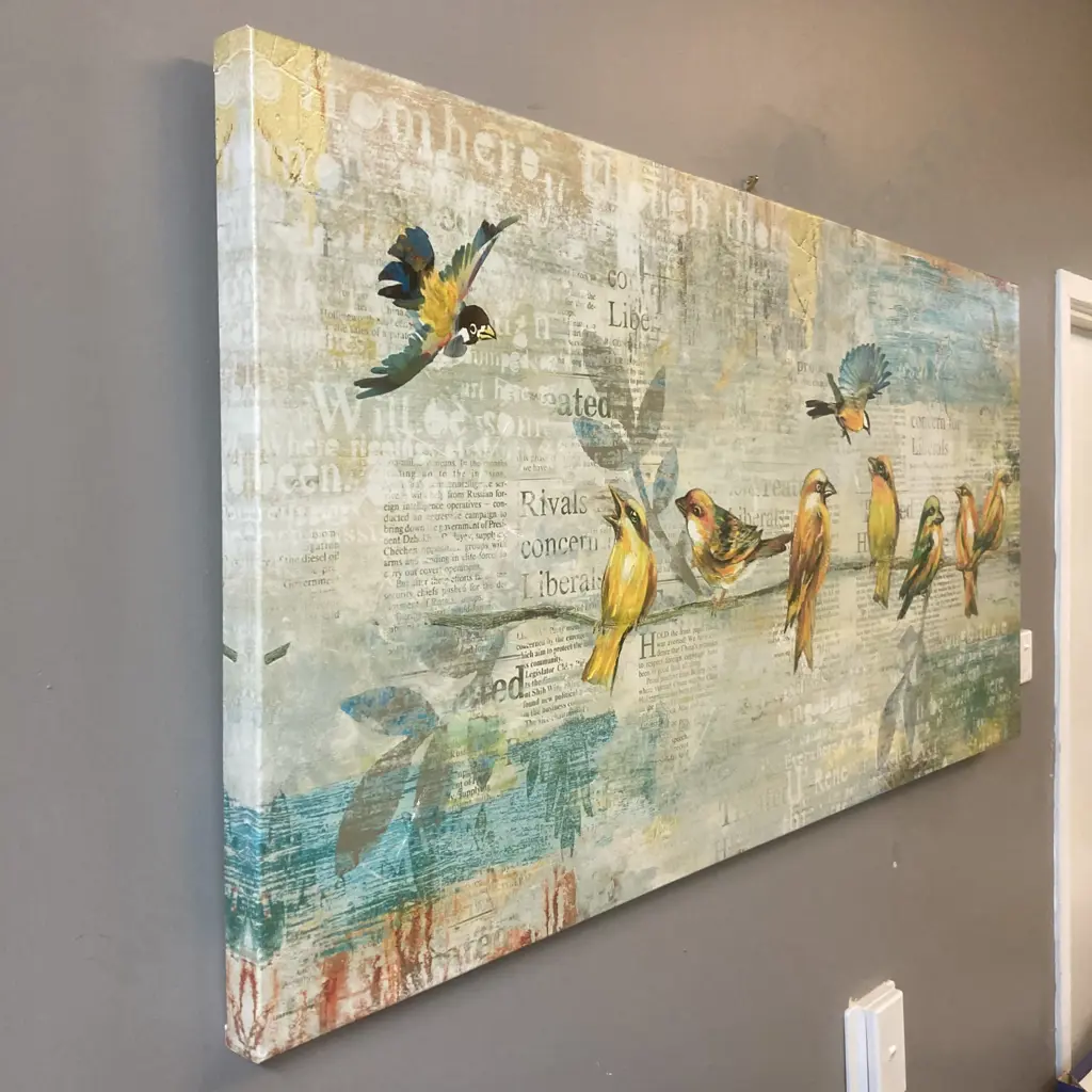 Large Mixed Media Artwork On Canvas Birds On A Wire. 60 x 120cm Image 1++