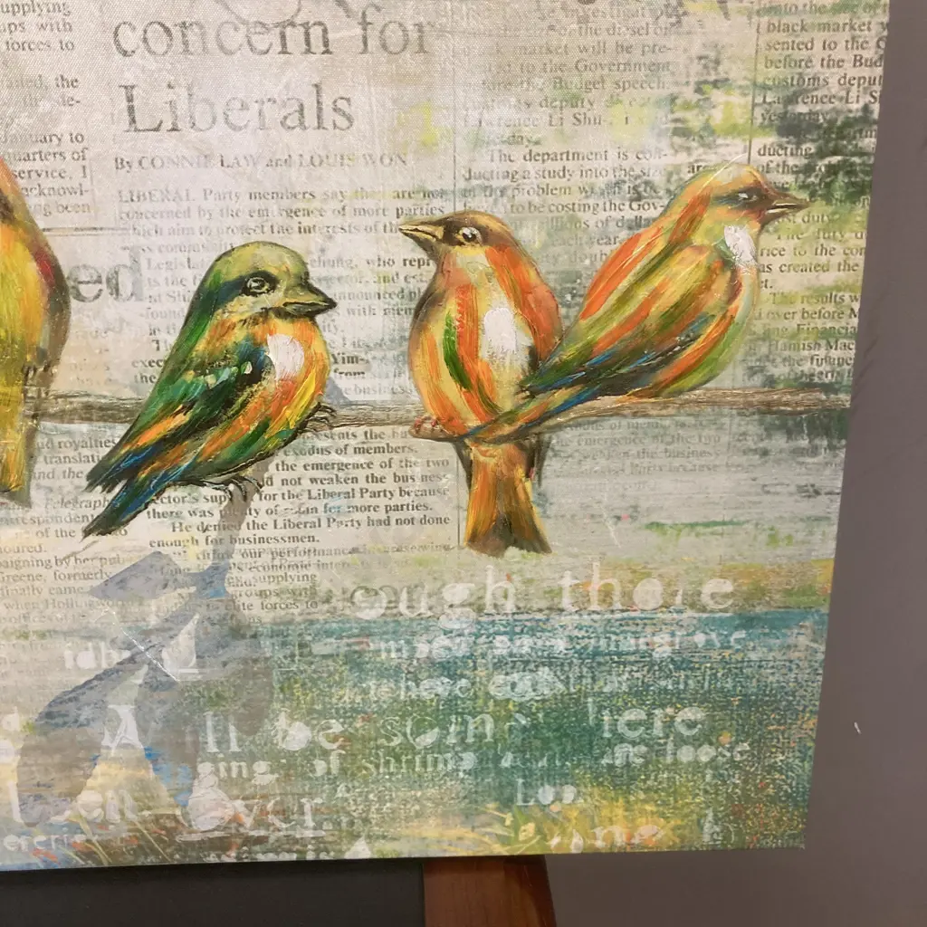 Large Mixed Media Artwork On Canvas Birds On A Wire. 60 x 120cm Image 1++