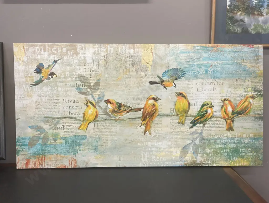 Large Mixed Media Artwork On Canvas Birds On A Wire. 60 x 120cm Image 1++