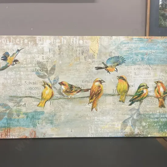 Large Mixed Media Artwork On Canvas Birds On A Wire. 60 x 120cm