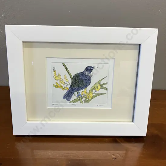 'Tui' Framed Print, 32/180 signed P. Morse, Framed. 19 x 24cm