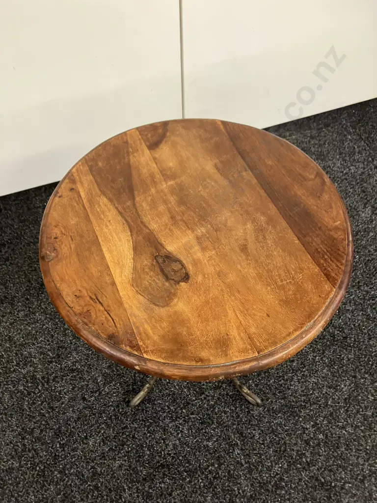 Round Wooden Topped Side Table With Ornate Heavy Steel Base. 53 x 45cm Image 1++