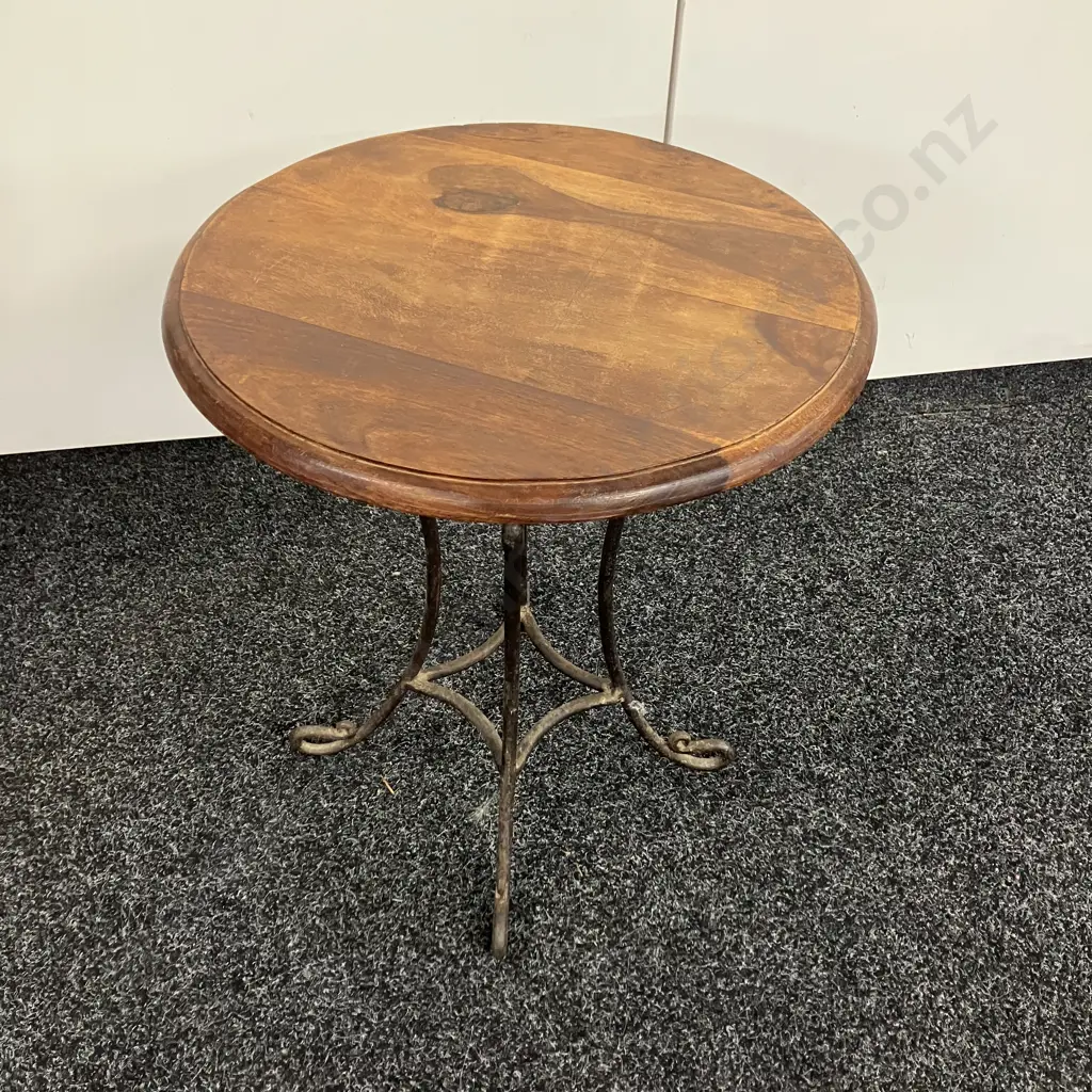 Round Wooden Topped Side Table With Ornate Heavy Steel Base. 53 x 45cm Image 1++