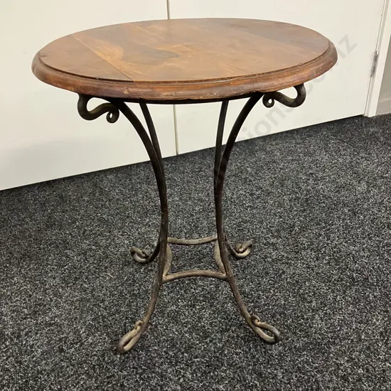 Round Wooden Topped Side Table With Ornate Heavy Steel Base. 53 x 45cm