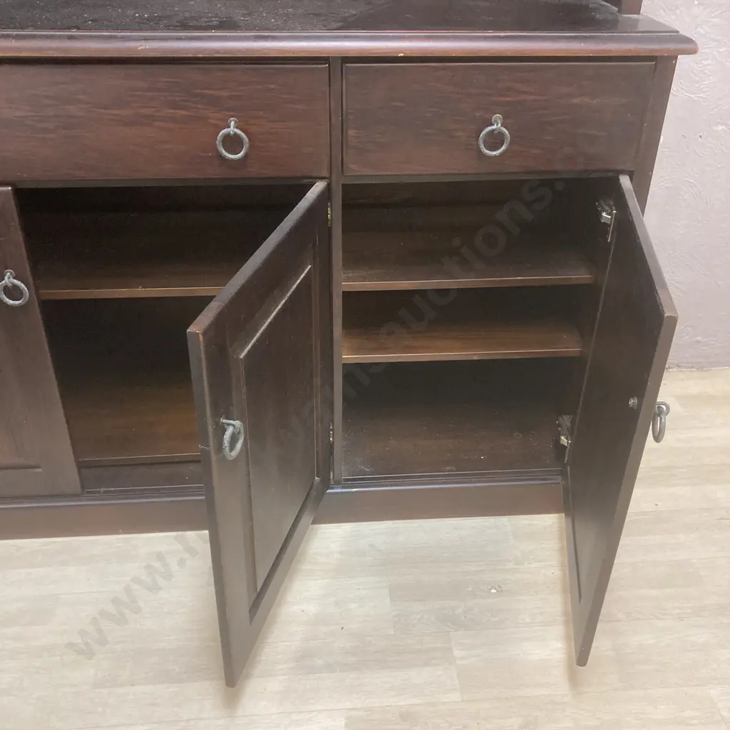 Black Painted Rimu Wall Unit, Leadlight Doors, 4 Doors & 3 Drawers In Base, Glass Hangers, Ring Handles. H210 W217 D53cm Image 1++