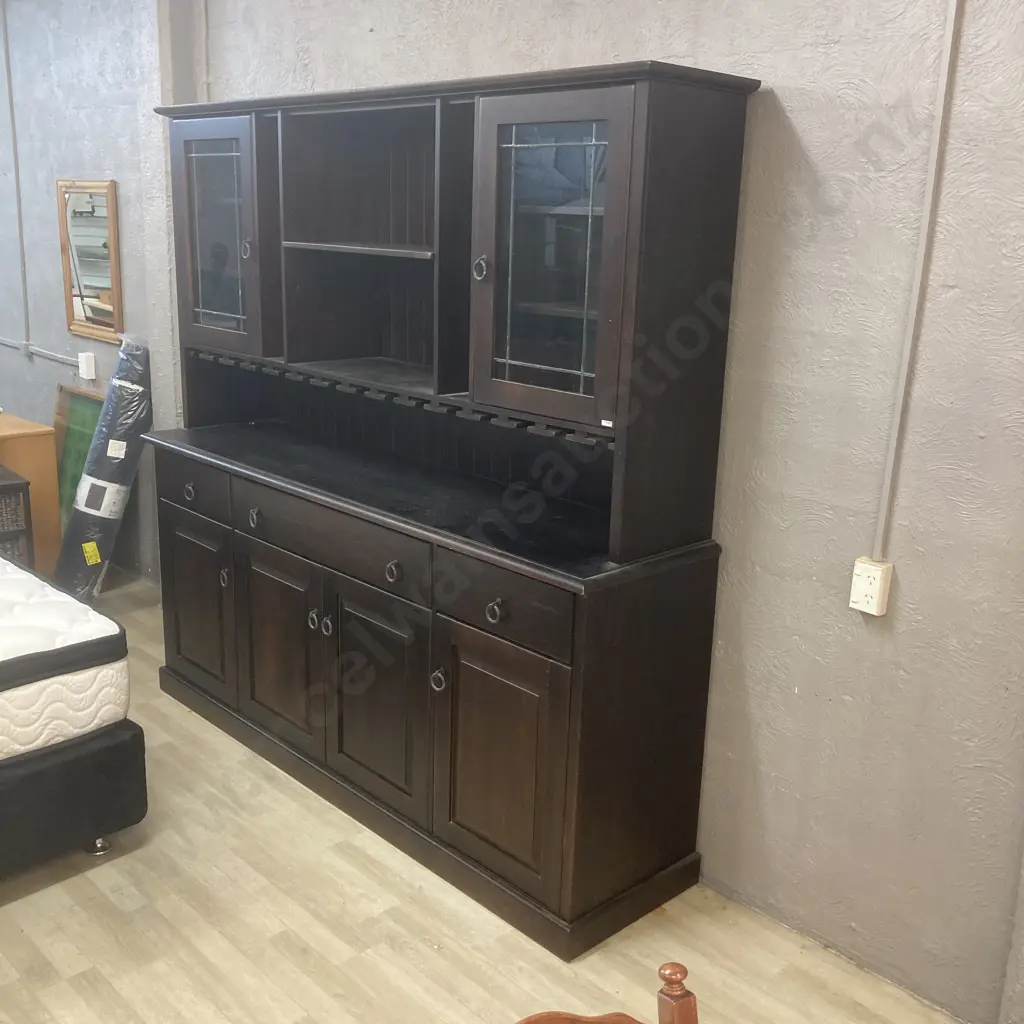 Black Painted Rimu Wall Unit, Leadlight Doors, 4 Doors & 3 Drawers In Base, Glass Hangers, Ring Handles. H210 W217 D53cm Image 1++