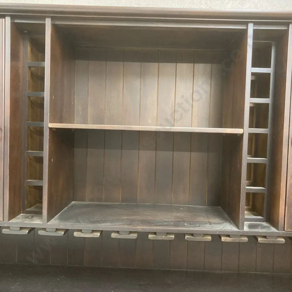 Black Painted Rimu Wall Unit, Leadlight Doors, 4 Doors & 3 Drawers In Base, Glass Hangers, Ring Handles. H210 W217 D53cm Image 1++