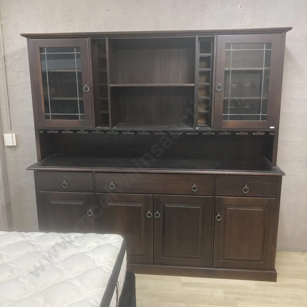 Black Painted Rimu Wall Unit, Leadlight Doors, 4 Doors & 3 Drawers In Base, Glass Hangers, Ring Handles. H210 W217 D53cm Image 1++